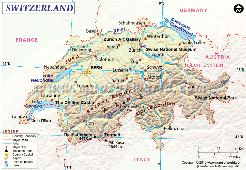 Switzerland map showing their cantons, major roads, cities, rivers, lakes, interesting points, airports of Swiss Confederation country.